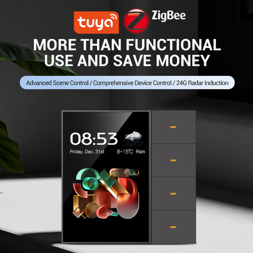 3.5 Inch Smart Wall Switch Touch Screen 4 Groups Switch 8-way Scene Radar Sensor Dimming Switch Curt